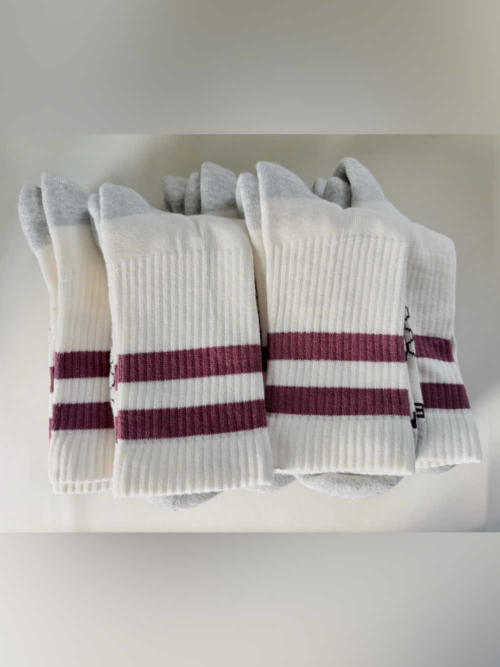 Bombas 8-Pack White Athletic Crew Socks with Maroon Double Stripes